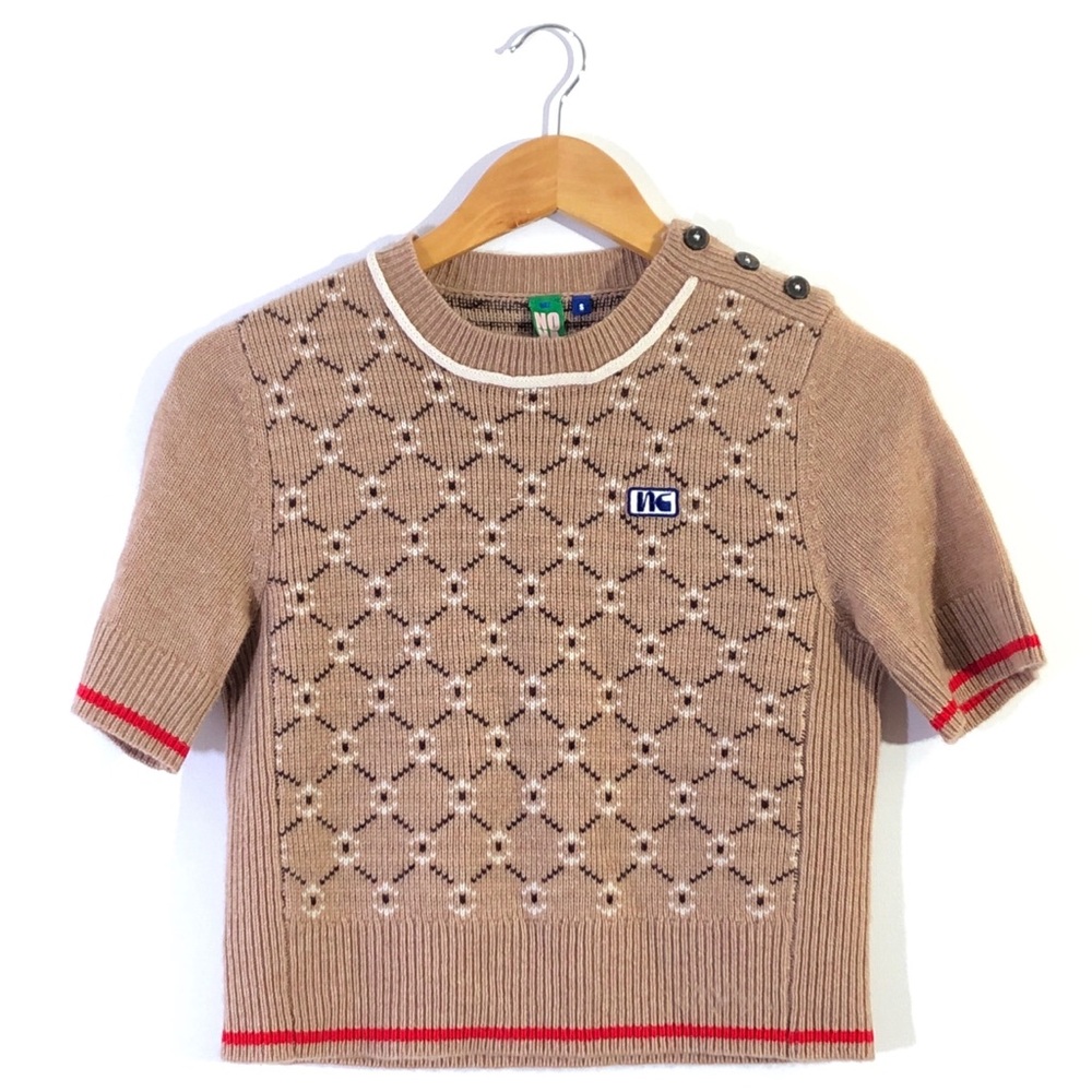 NoName Geo Jacquard Brown Button Shoulder Wool Cashmere Blend Ribbed Sweater Top
